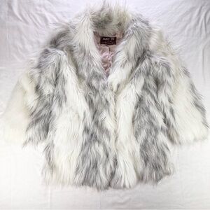 VTG Avec Tu Faux Fur Coat Womens White Grey Jacket Pink Satin Lining Made in USA